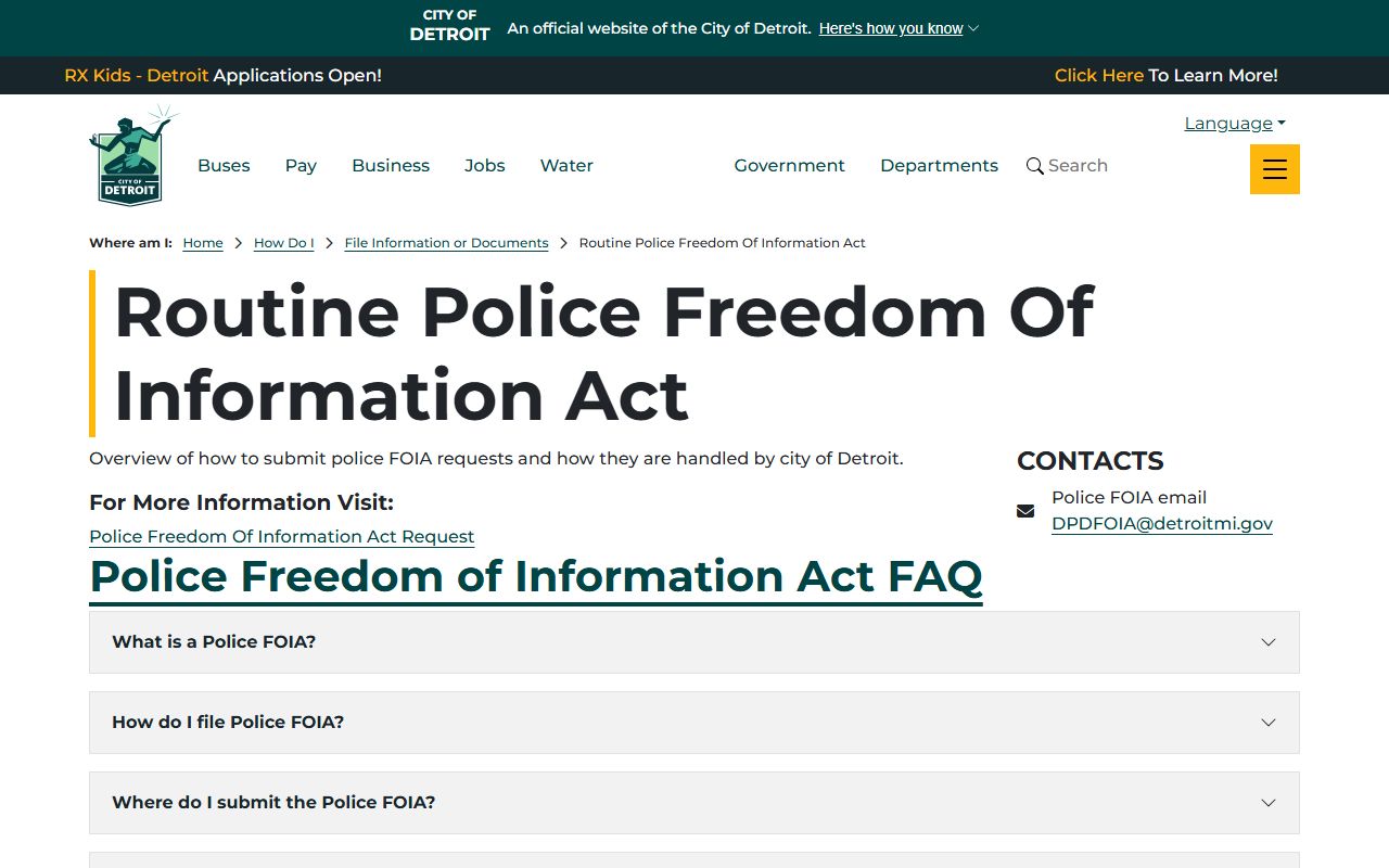 Detroit routine police FOIA page Michigan criminal records