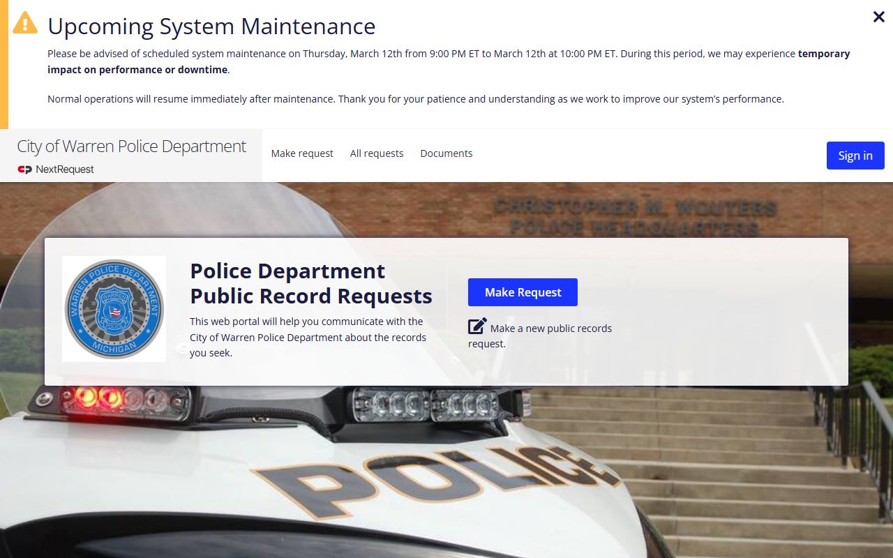 Warren police NextRequest FOIA portal Michigan criminal records