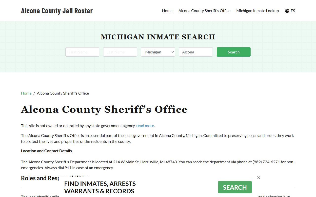 Alcona County Sheriff arrest warrants and criminal records search page