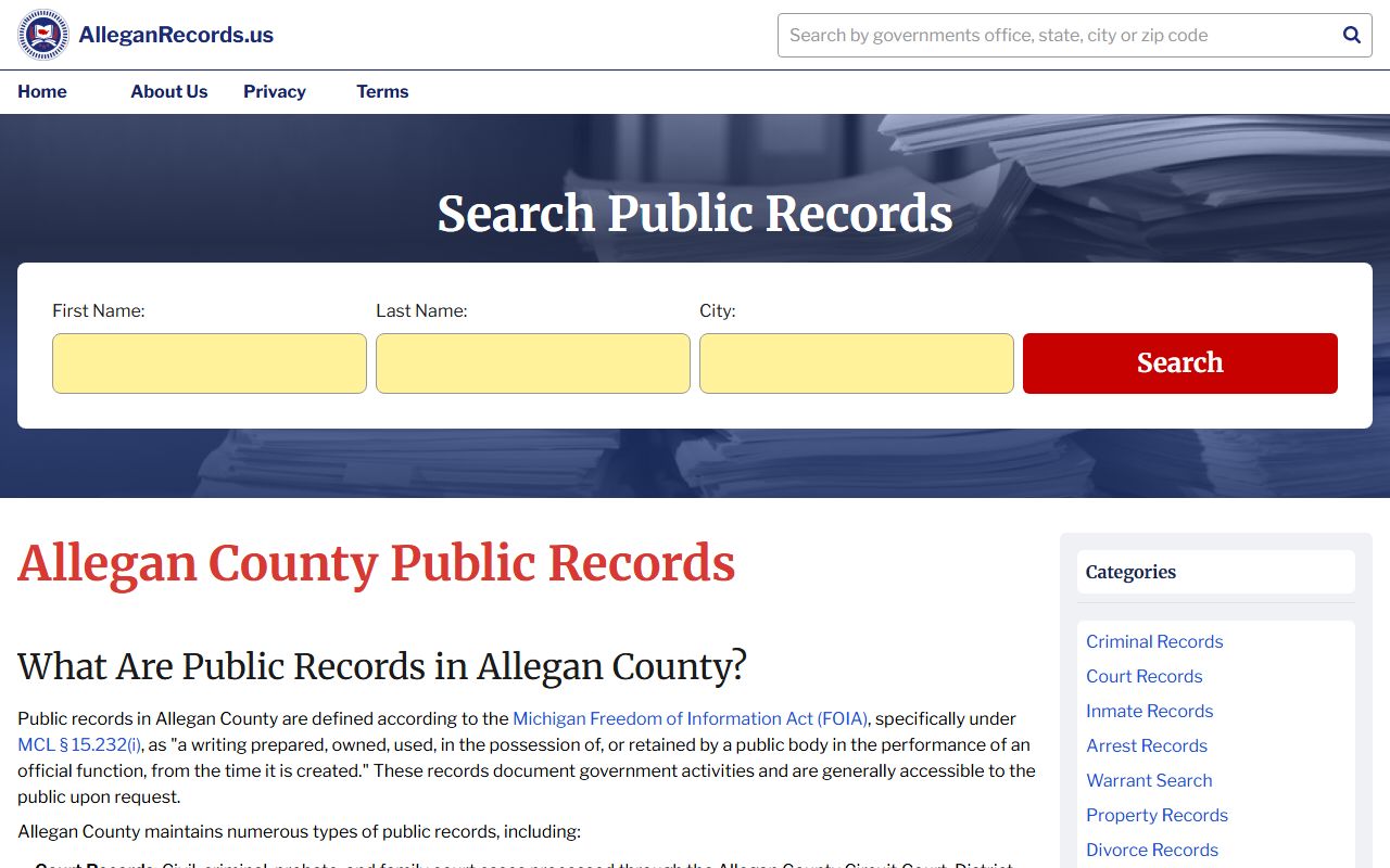 Allegan County records guide showing criminal records search resources for Allegan County Michigan