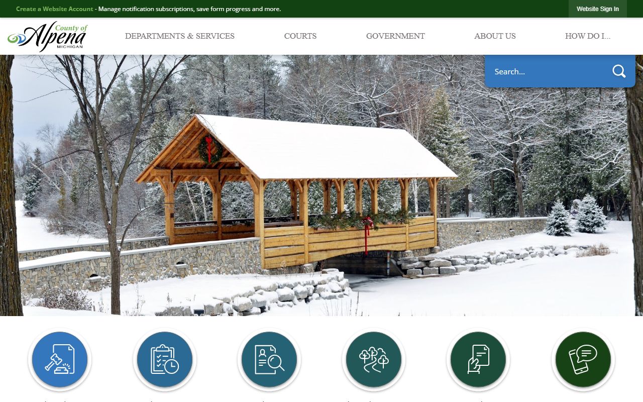 Alpena County Government website showing access to criminal records and county services