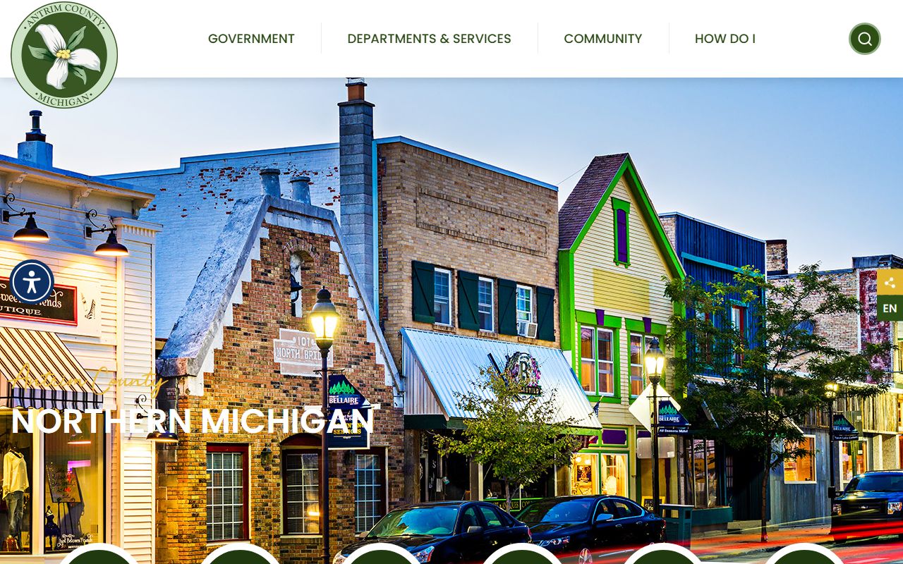 Antrim County Government website showing access to criminal records and county services in Bellaire Michigan