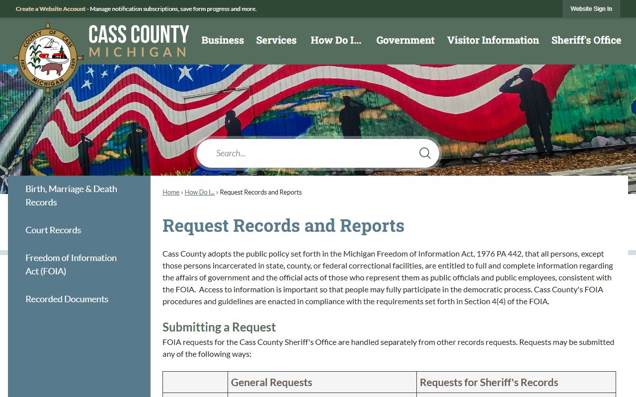 Cass County records request page for criminal records