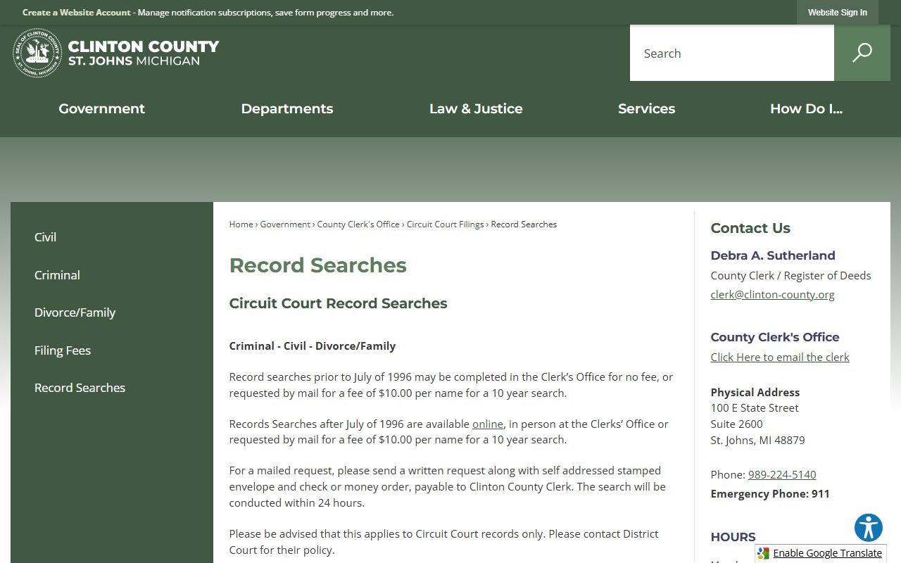 Clinton County record searches page for criminal records