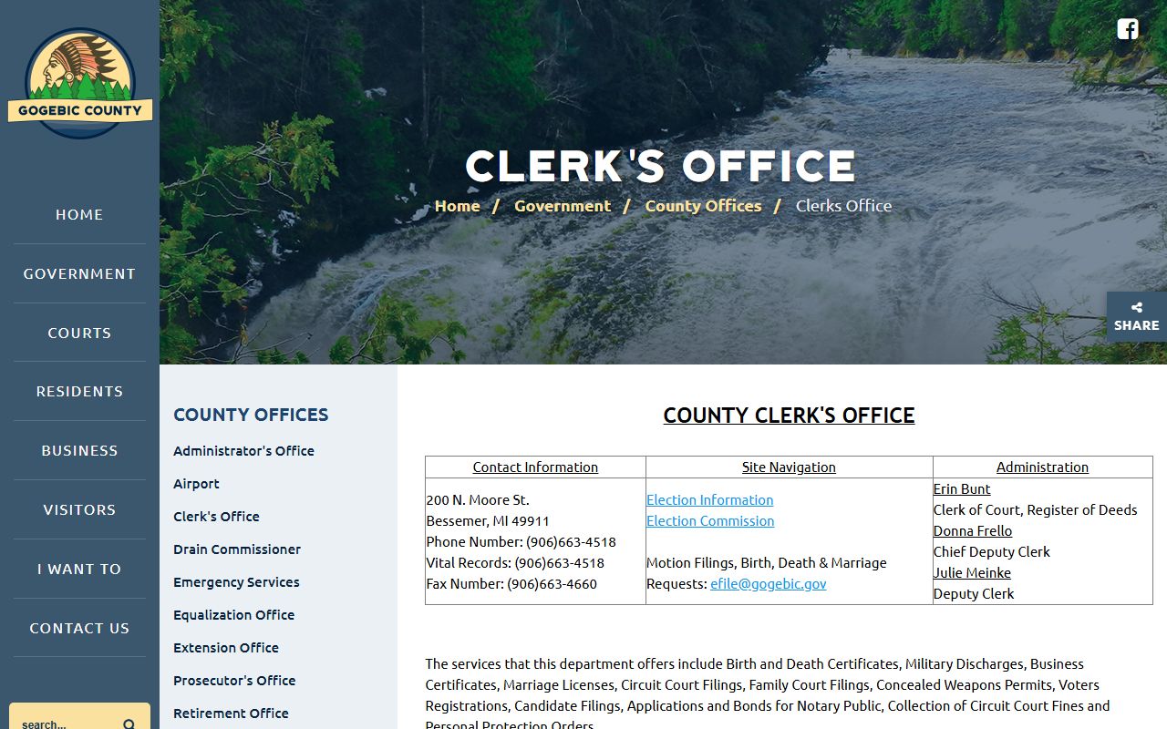 Gogebic County criminal records - County Clerk office page