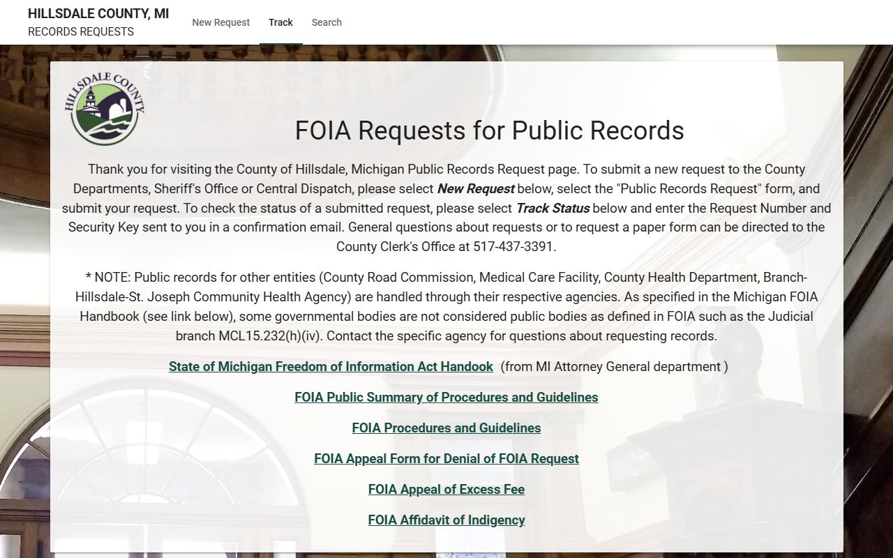 Hillsdale County FOIA portal for criminal records requests
