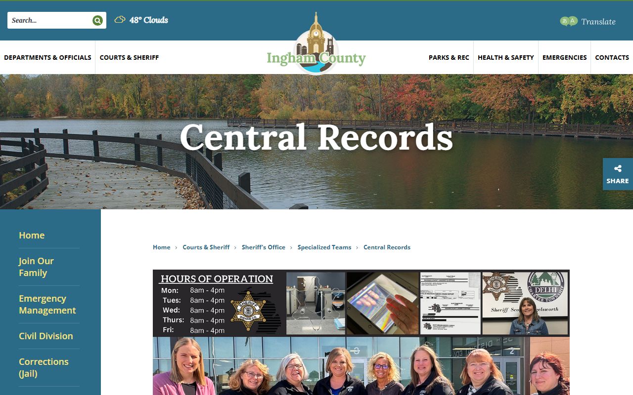 Ingham County Sheriff Central Records page for criminal records and fingerprinting services