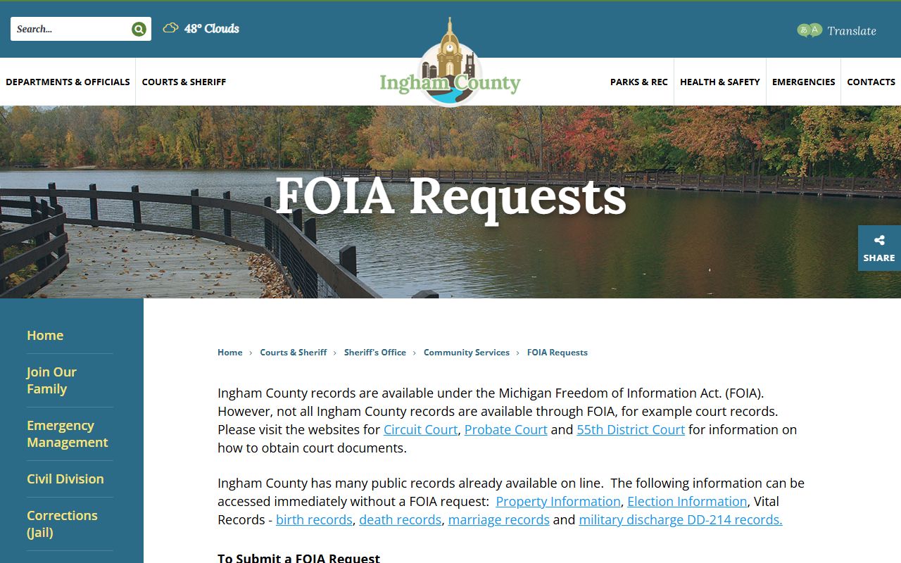 Ingham County Sheriff FOIA requests page for criminal records access