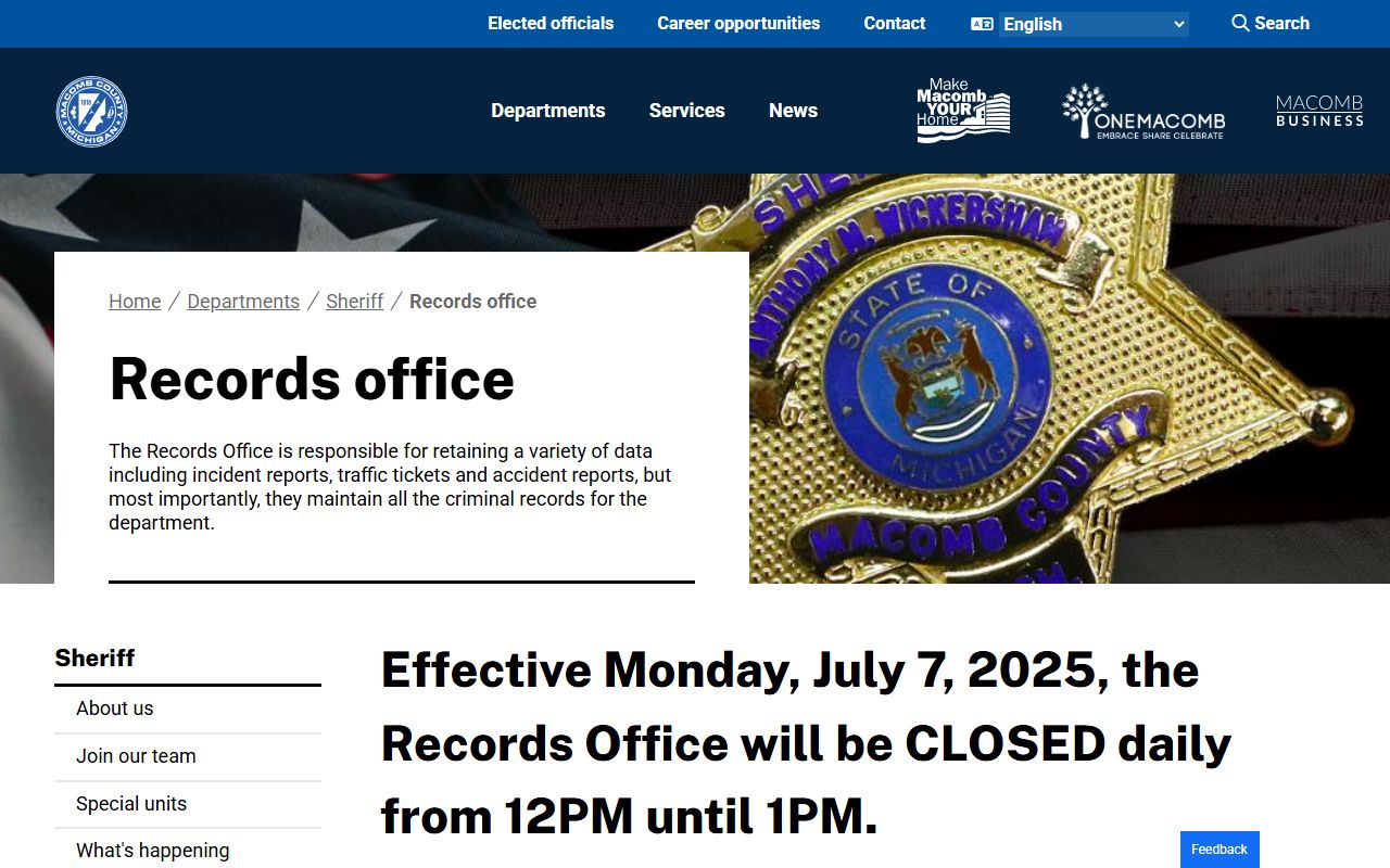 Macomb County criminal records sheriff records office