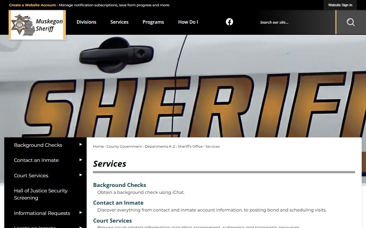 Muskegon County criminal records Sheriff Services page