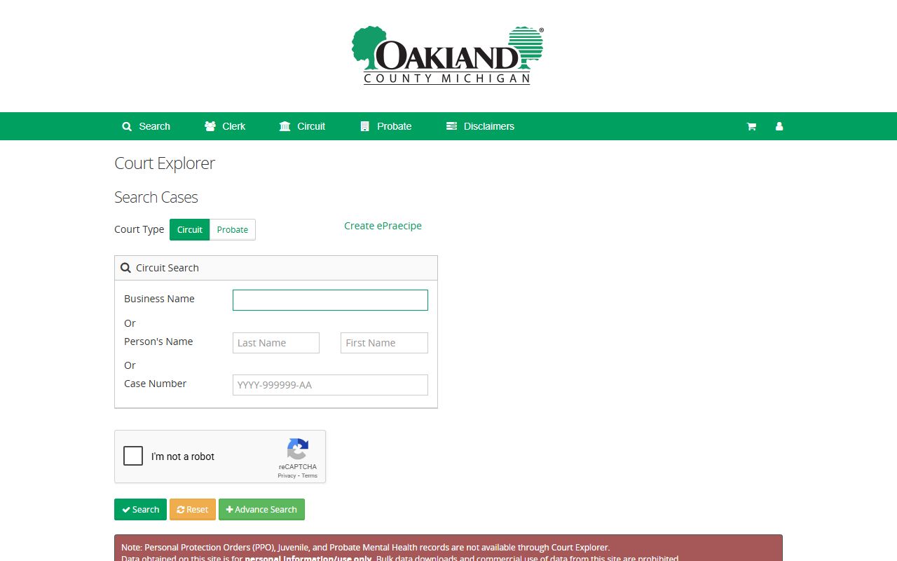 Oakland County Court Explorer criminal records search portal