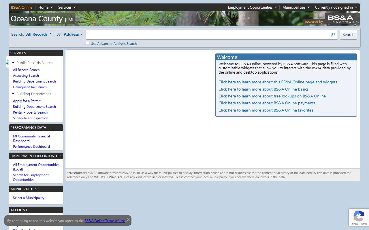 Oceana County online records search through BS&A portal