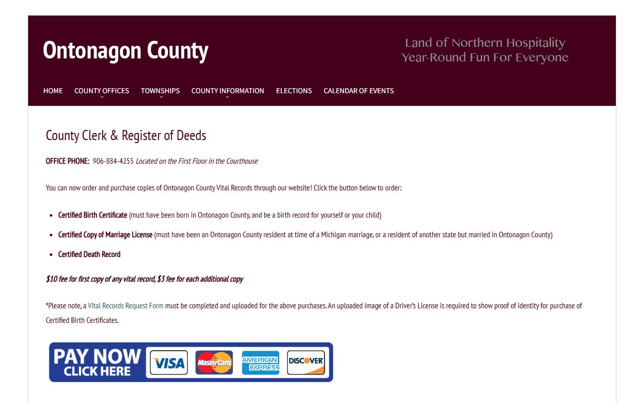 Ontonagon County Clerk and Register of Deeds for criminal records requests