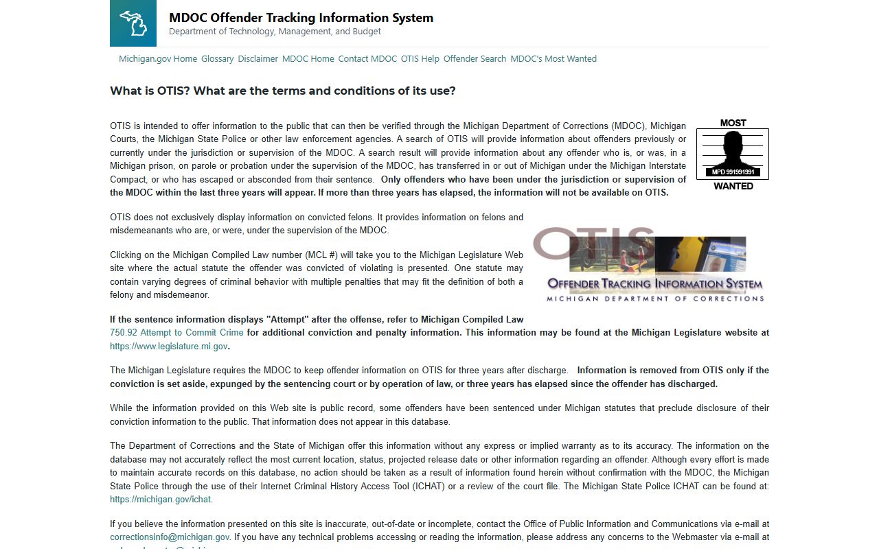 Michigan OTIS offender search database for criminal records